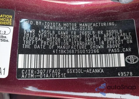 2005 Toyota Avalon Xl z USA, uszkodzony, nr VIN 4T1BK36B75U012266